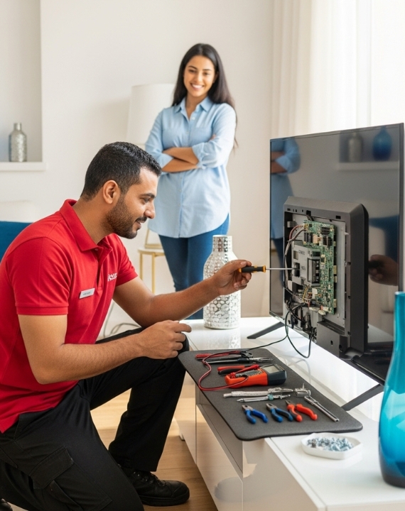 فني صيانة شاشات نيكاي يقوم بتصليح شاشات نيكاي في منزل العميلة